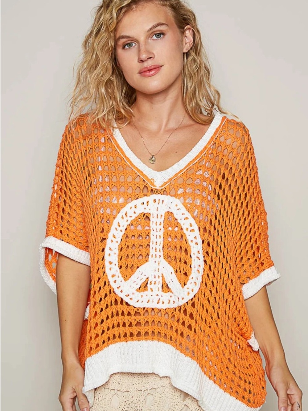 POL Orange Open-Knit V-Neck Sweater with White Peace Sign